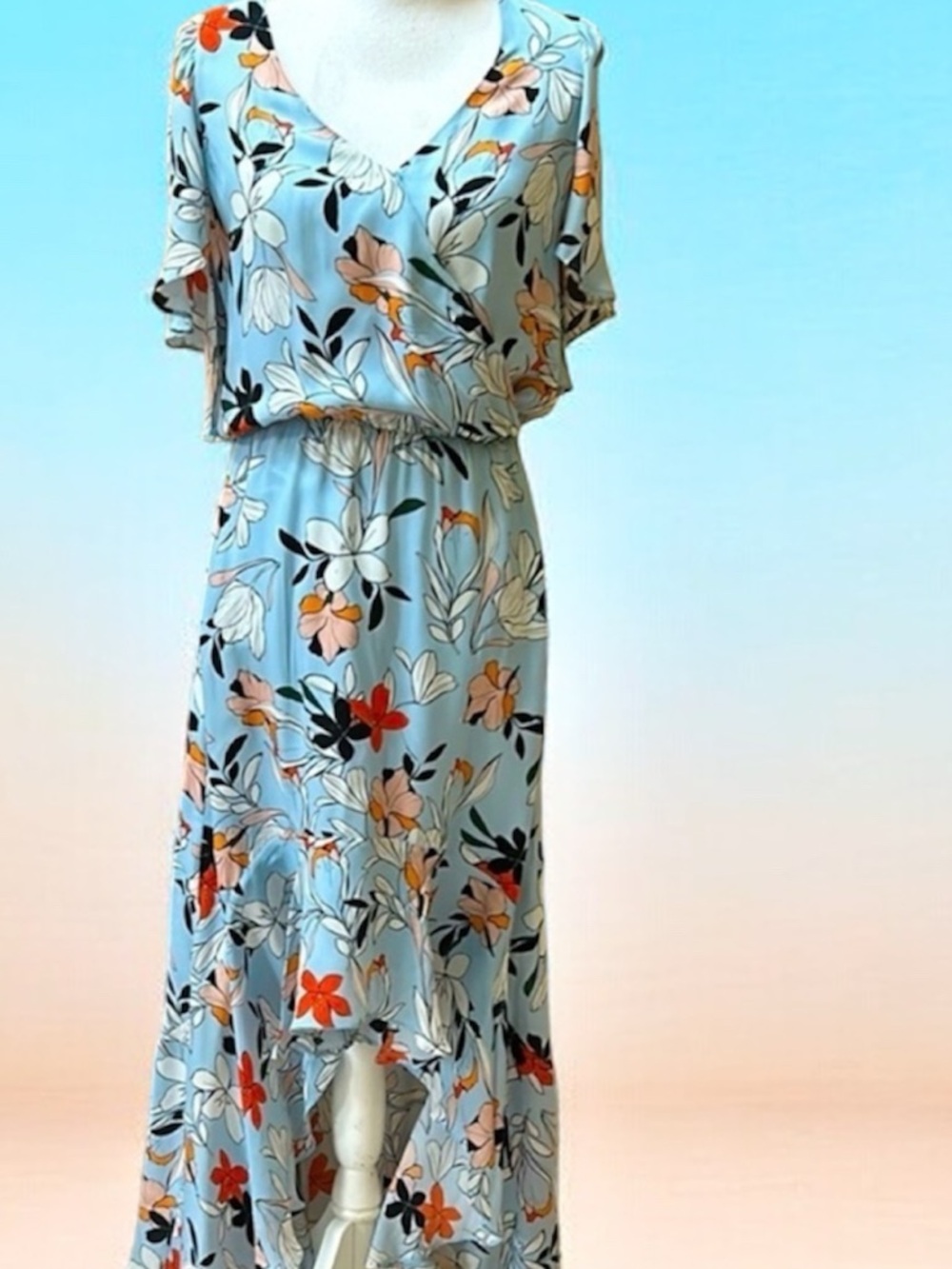Parker Womens Demi Blue Orange Floral Botanical Silk Hi Lo Wrap Maxi Dress Sm - Picture 2 of 15
